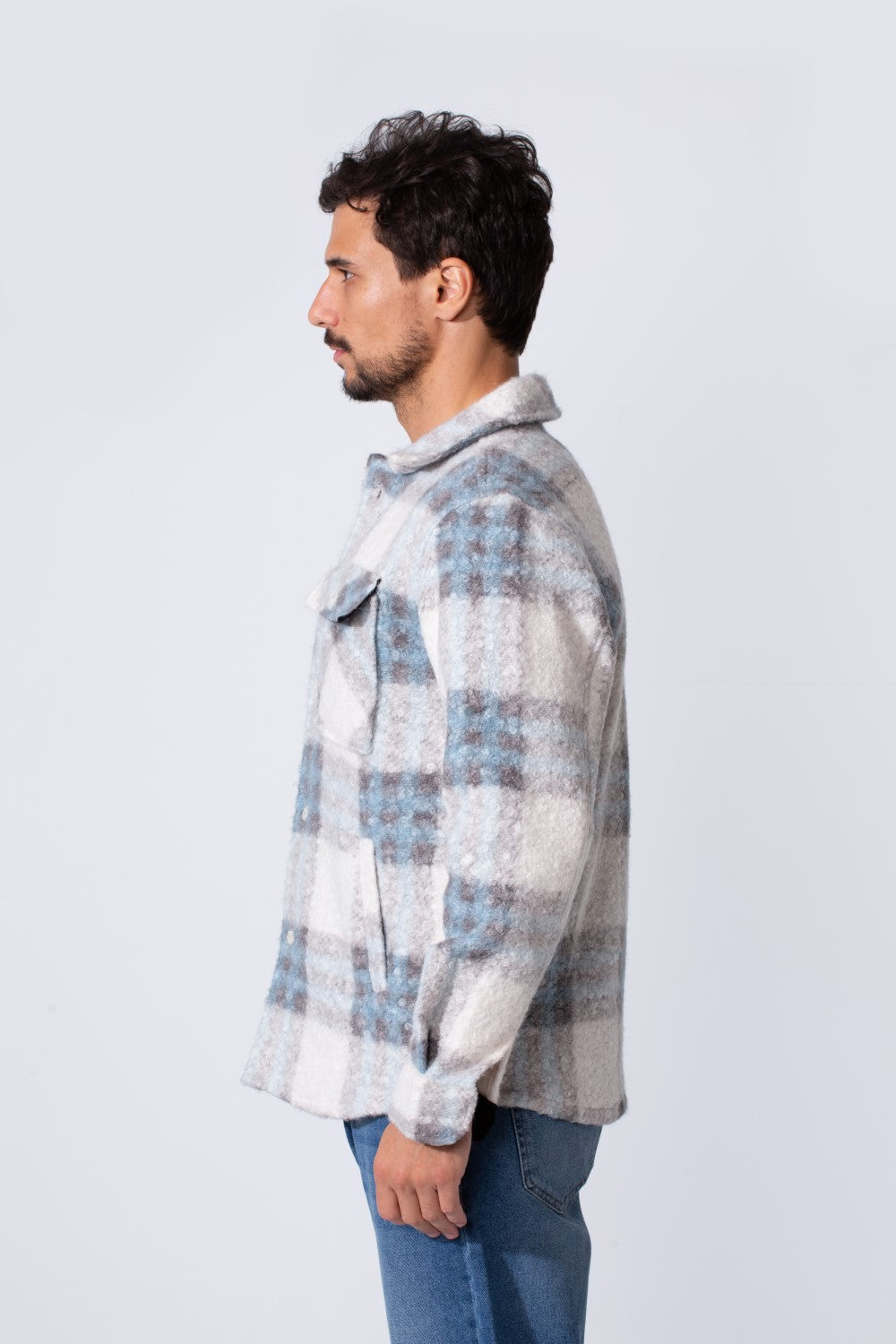 Men's Winter Wool Slim Fit Checked Shirt With Front Pockets And Long Sleeves