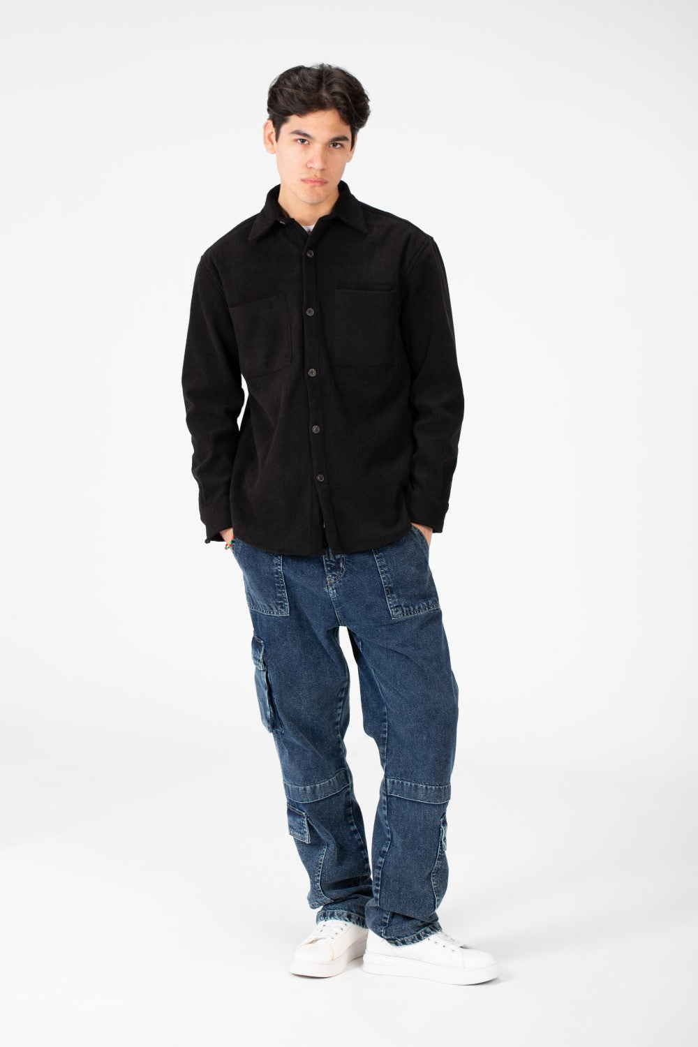 Men's Basic Velvet Shirt With Front Pockets And Long Sleeves