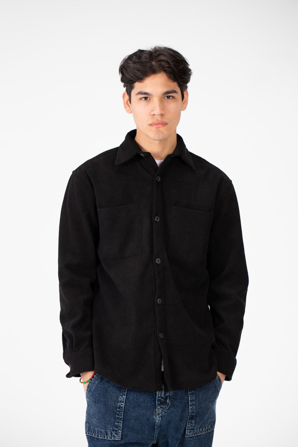 Men's Basic Velvet Shirt With Front Pockets And Long Sleeves