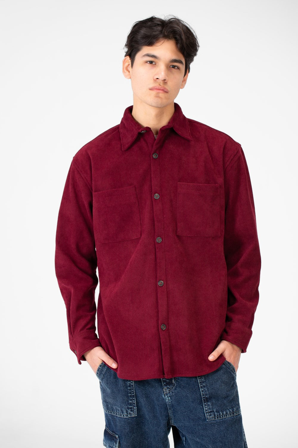 Men's Basic Velvet Shirt With Front Pockets And Long Sleeves