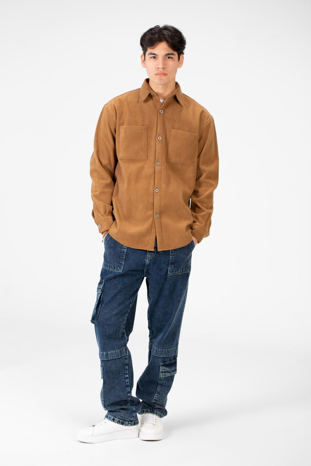 Men's Basic Velvet Shirt With Front Pockets And Long Sleeves