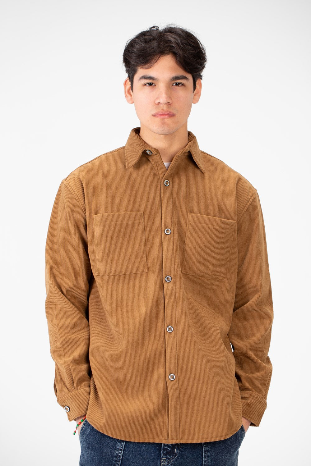 Men's Basic Velvet Shirt With Front Pockets And Long Sleeves