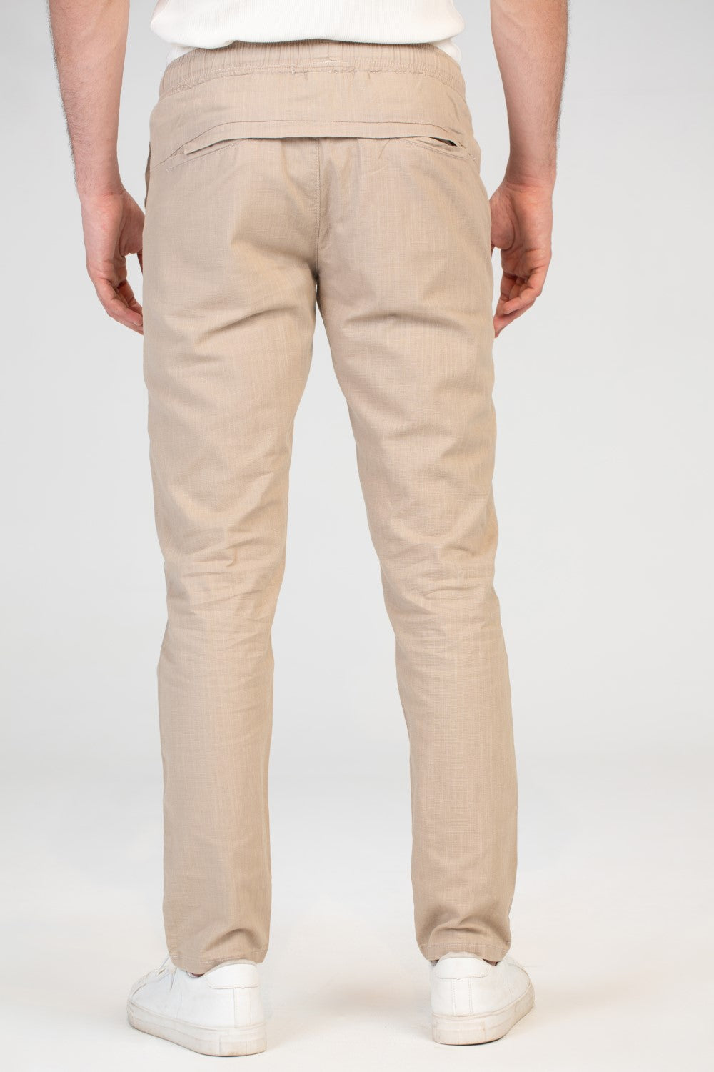 Mens Basic Linen Pants With Elastic Waistband And Unique Back Pockets
