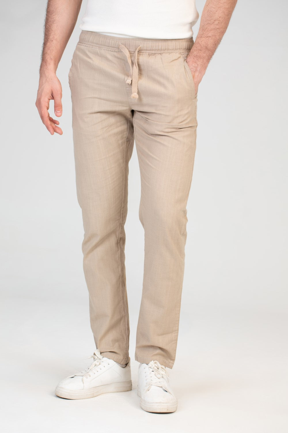 Mens Basic Linen Pants With Elastic Waistband And Unique Back Pockets