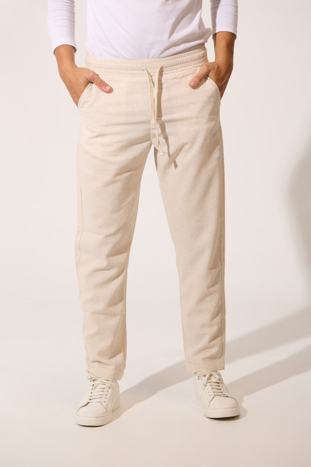 Men's Basic Slim Fit Linen Trouser Pants With Elastic Waist And Pockets