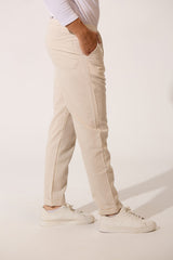 Men's Basic Slim Fit Linen Trouser Pants With Elastic Waist And Pockets