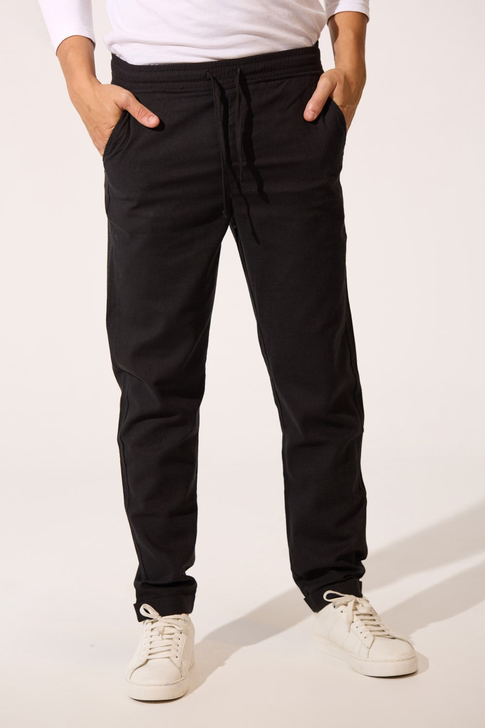 Men's Basic Slim Fit Linen Trouser Pants With Elastic Waist And Pockets