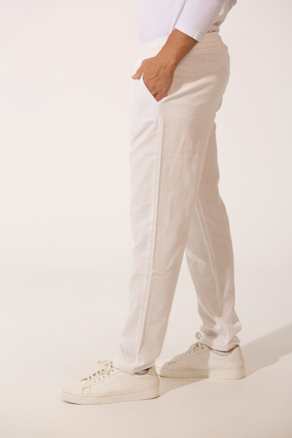 Men's Basic Slim Fit Linen Trouser Pants With Elastic Waist And Pockets