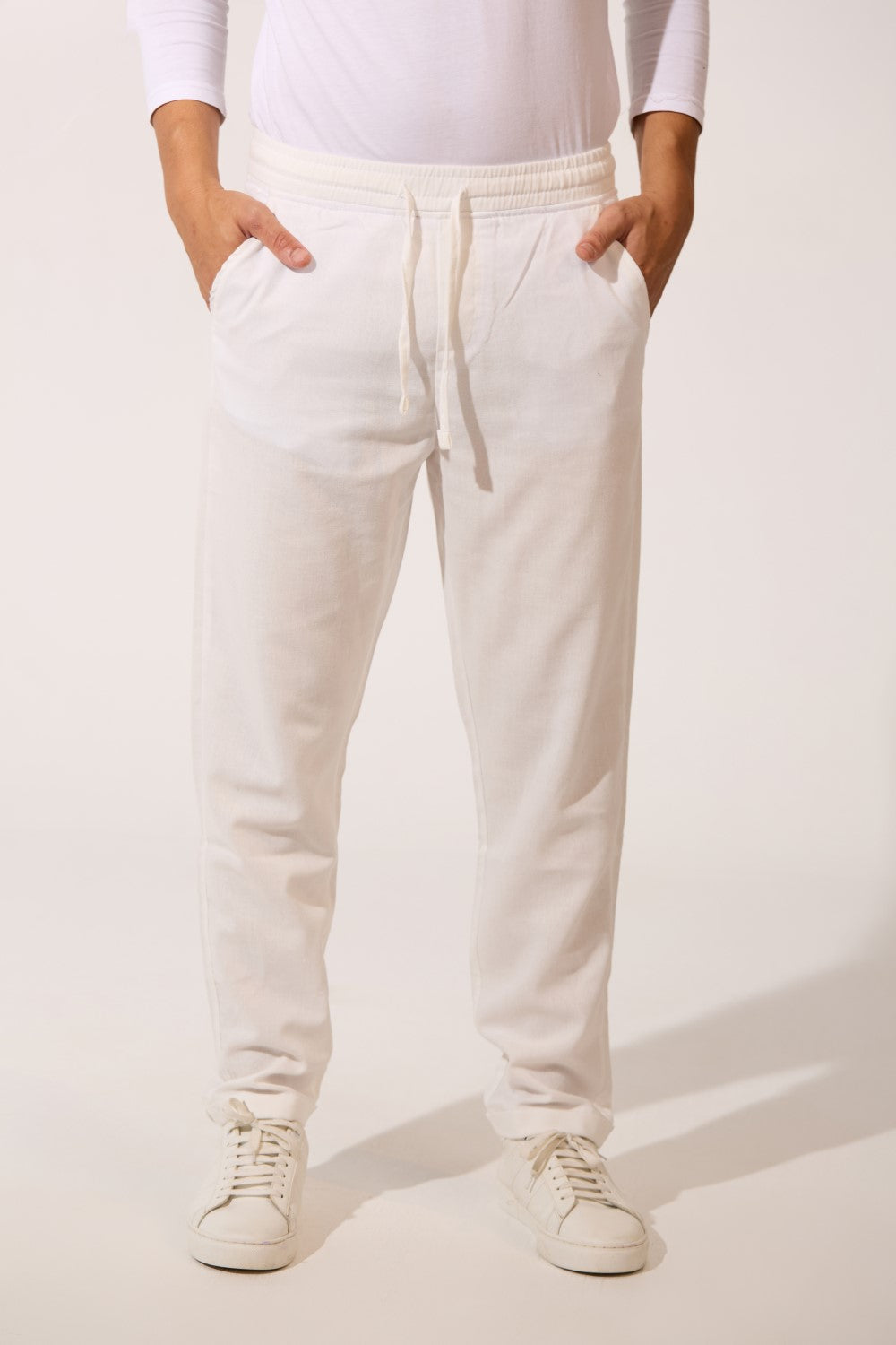Men's Basic Slim Fit Linen Trouser Pants With Elastic Waist And Pockets