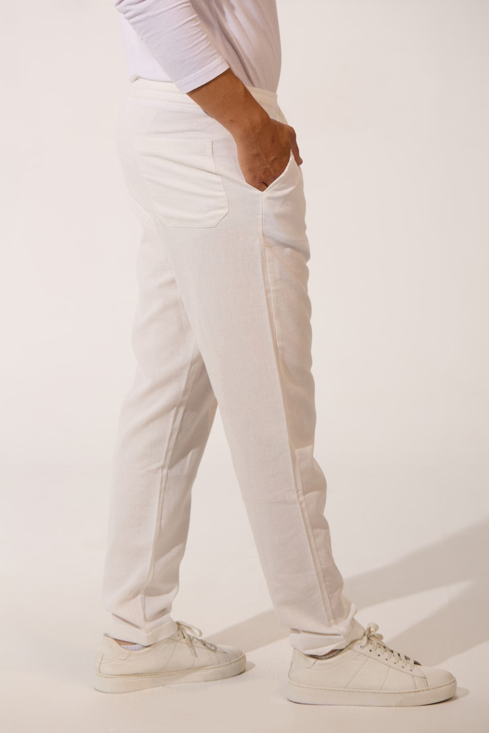 Men's Basic Slim Fit Linen Trouser Pants With Elastic Waist And Pockets