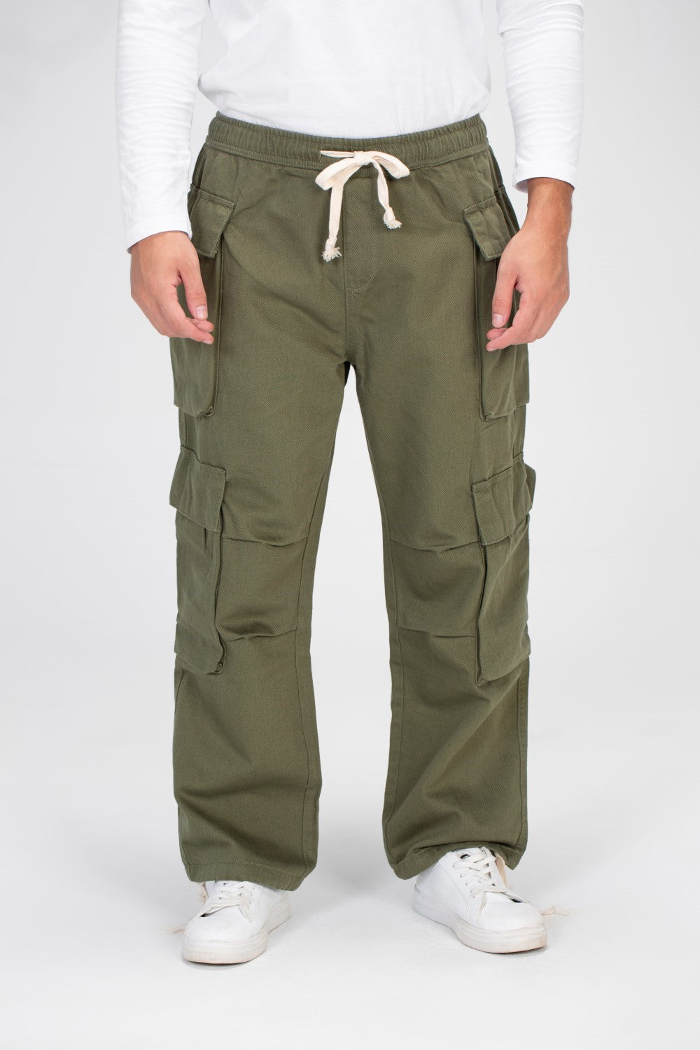 Men's Slouchy Gabardine Cargo Pants with Elastic Waist And Side Pockets