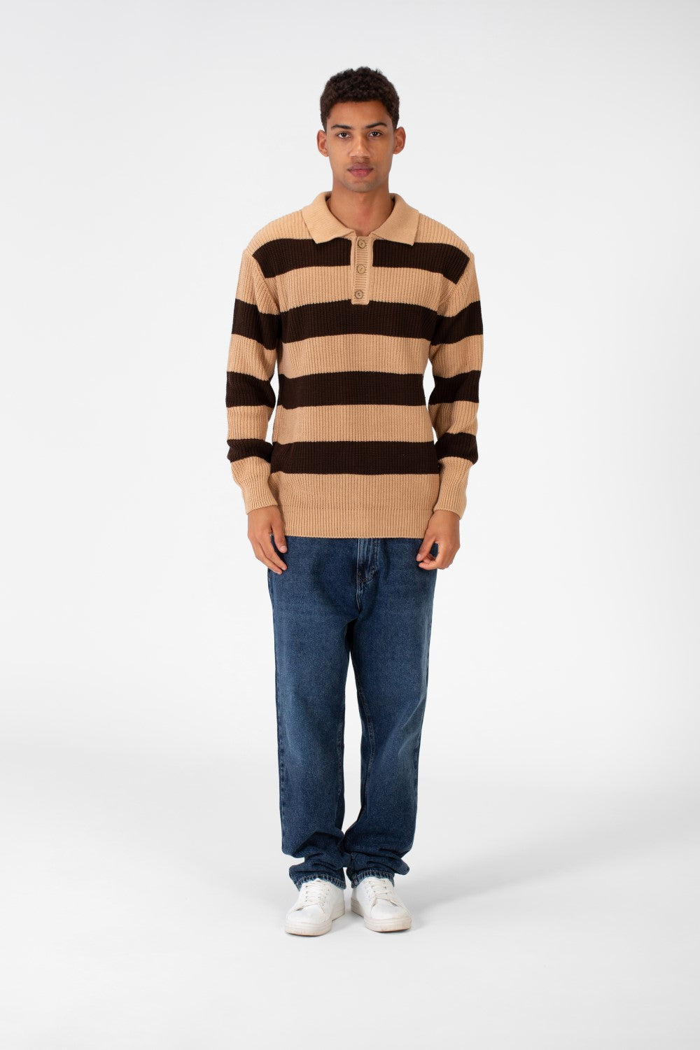 Men's Striped Polo Pullover With Front Buttons And Comfortable Flexible Material