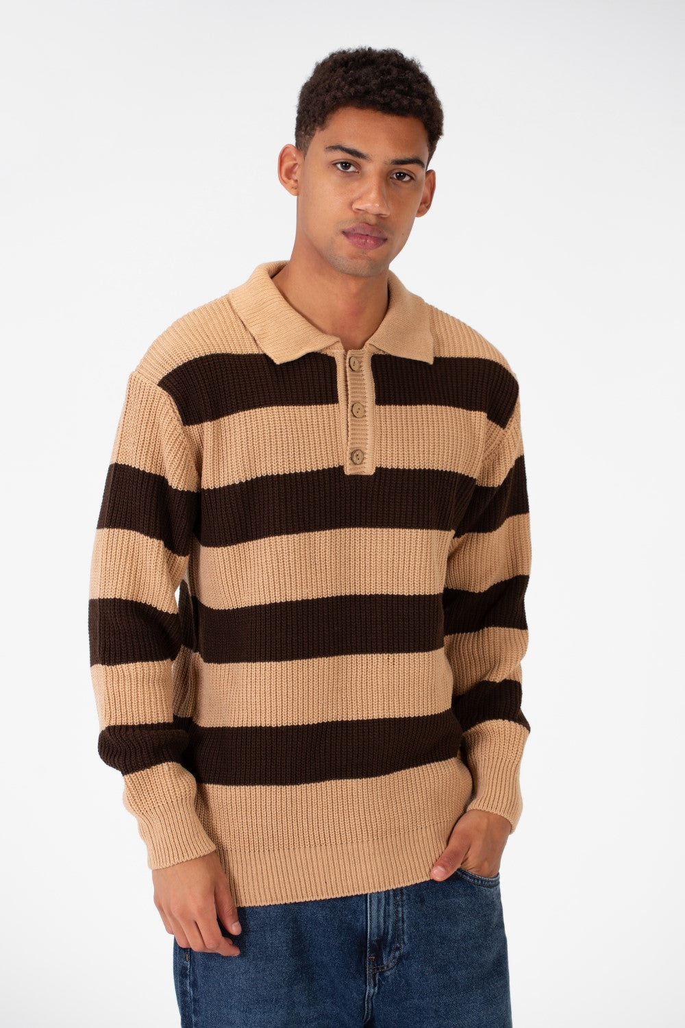 Men's Striped Polo Pullover With Front Buttons And Comfortable Flexible Material