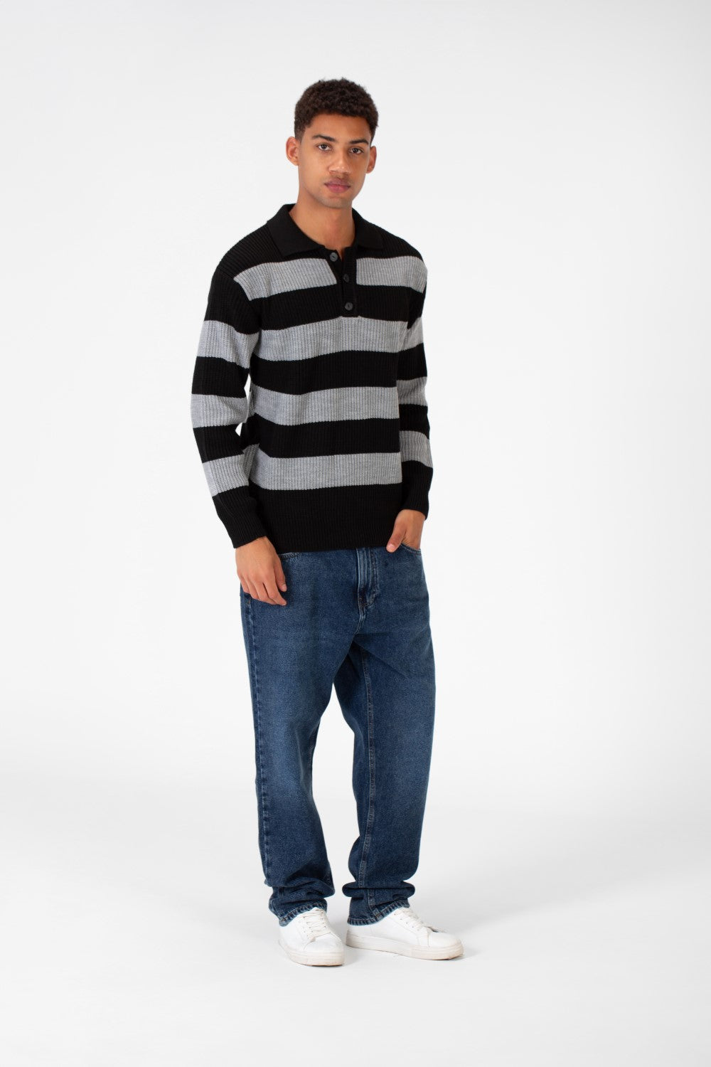 Men's Striped Polo Pullover With Front Buttons And Comfortable Flexible Material