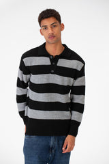 Men's Striped Polo Pullover With Front Buttons And Comfortable Flexible Material