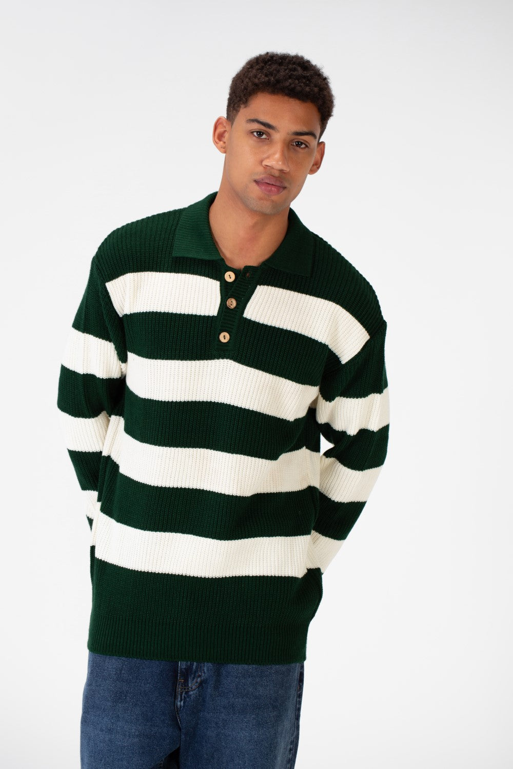 Men's Striped Polo Pullover With Front Buttons And Comfortable Flexible Material