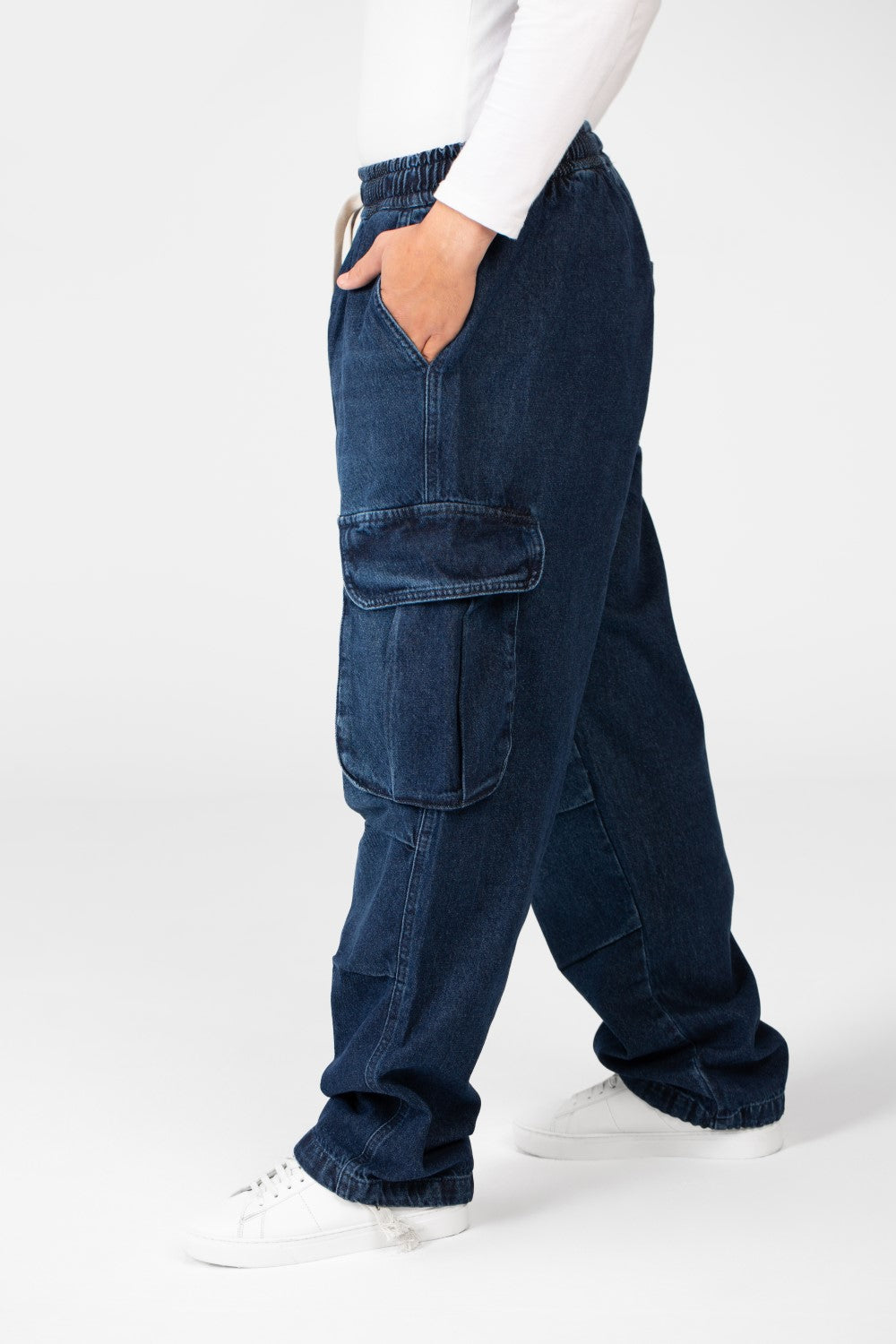 Men's Cargo Jeans Pants With Elastic Waist And Side Pockets