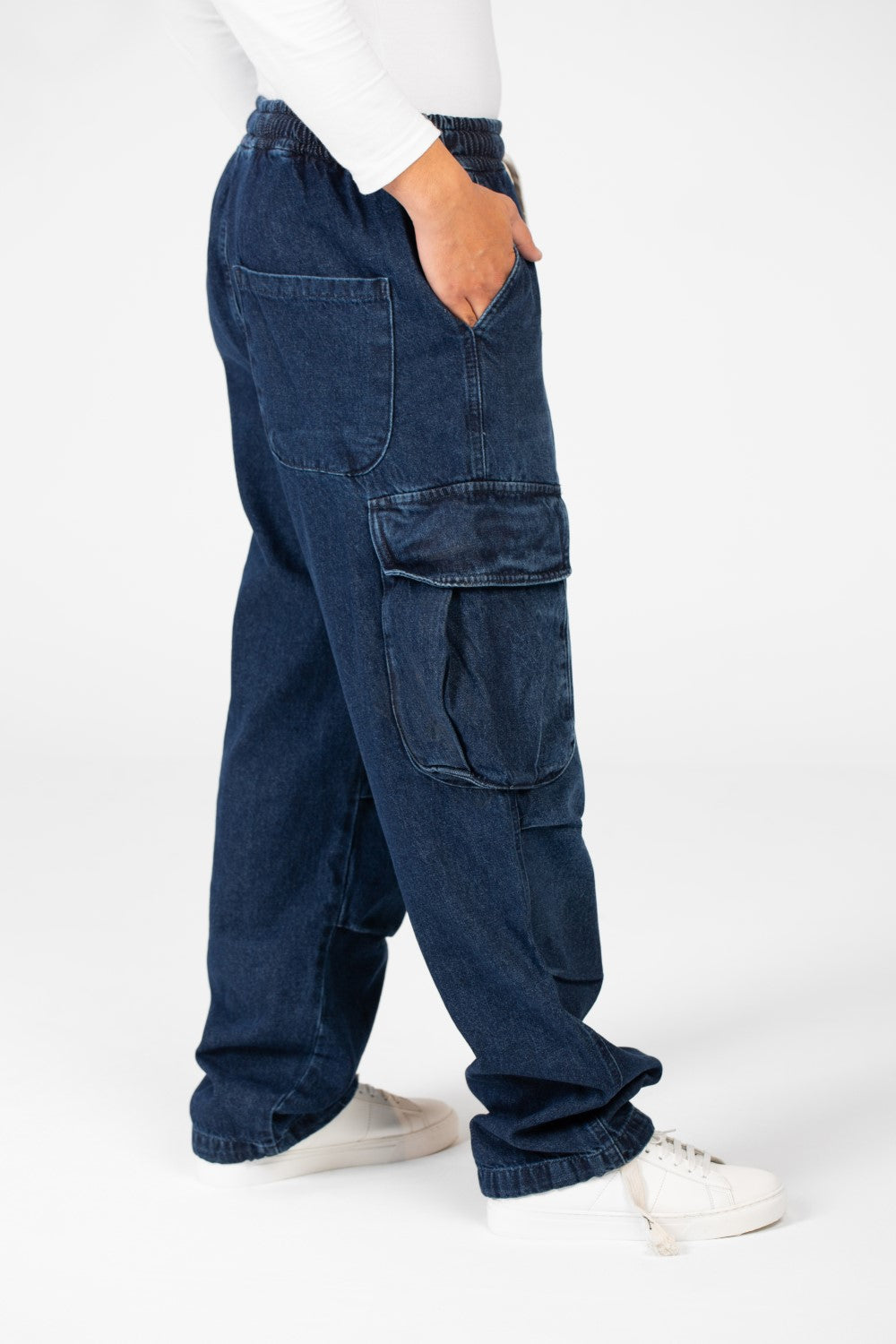 Men's Cargo Jeans Pants With Elastic Waist And Side Pockets