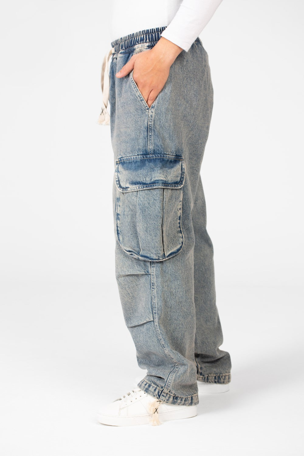 Men's Cargo Jeans Pants With Elastic Waist And Side Pockets