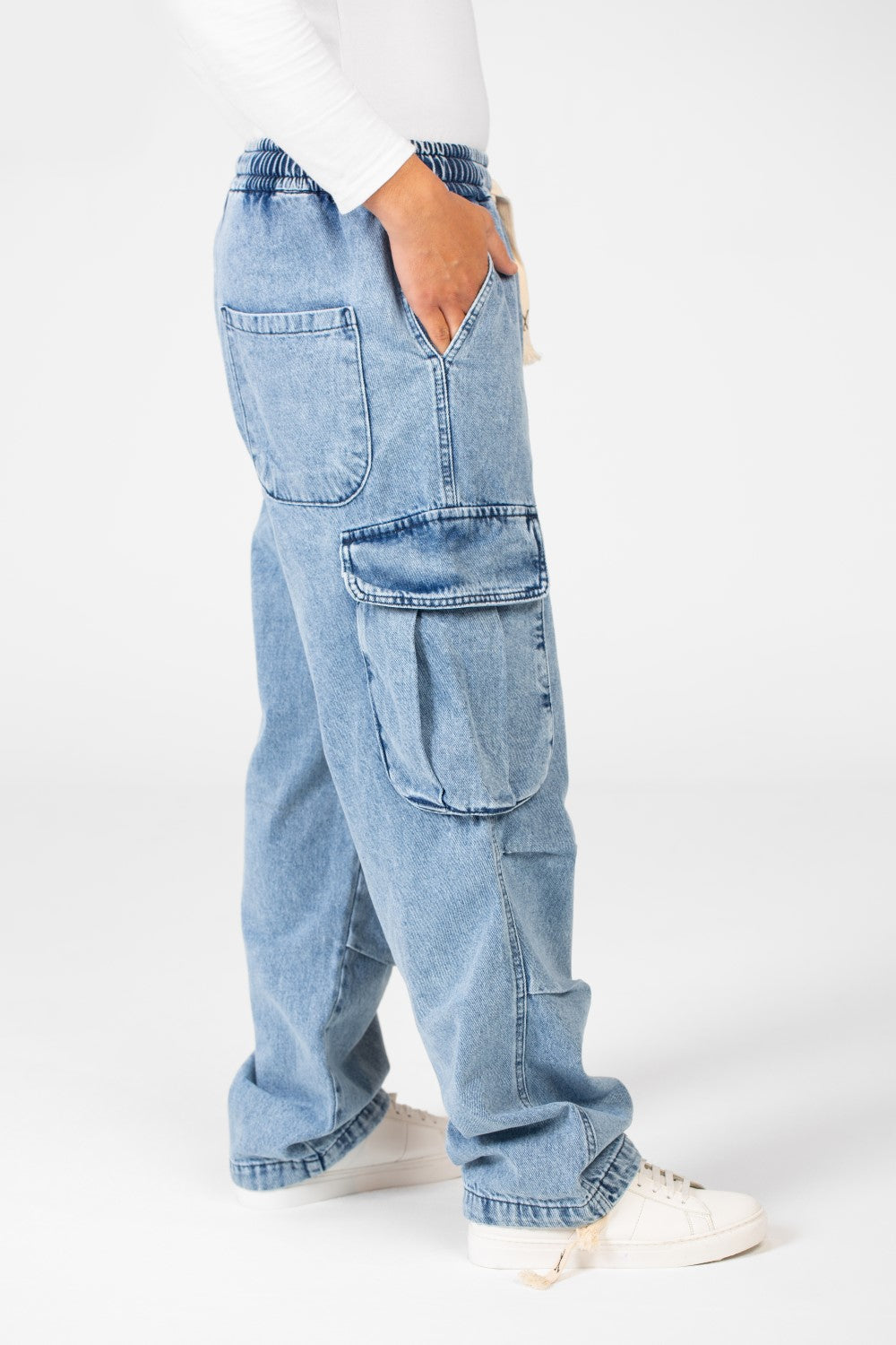 Men's Cargo Jeans Pants With Elastic Waist And Side Pockets