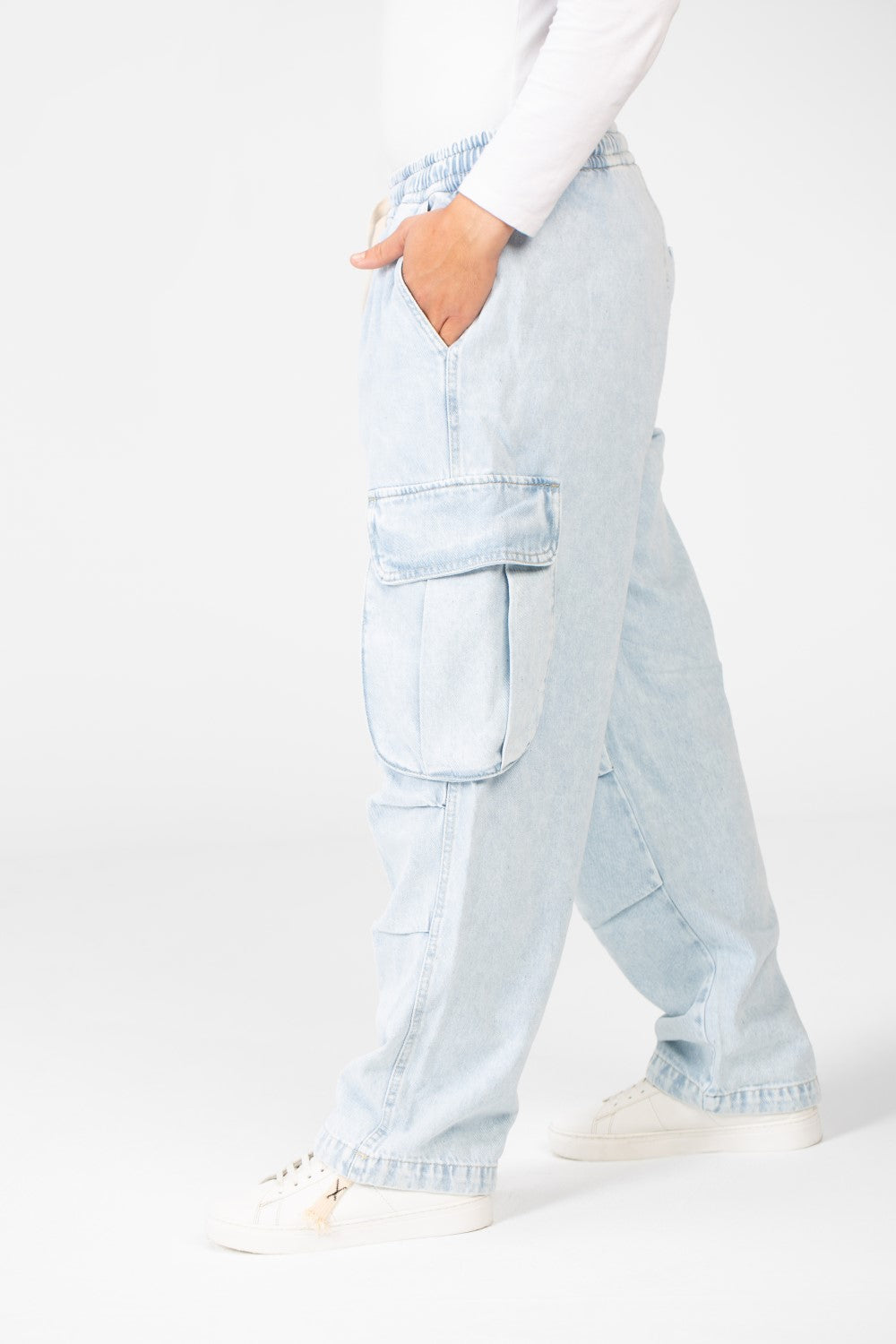 Men's Cargo Jeans Pants With Elastic Waist And Side Pockets