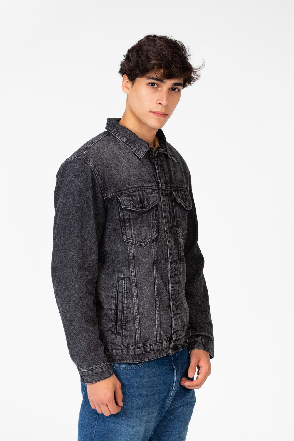 Men's Winter Fur Padded Denim Jacket With Basic Details