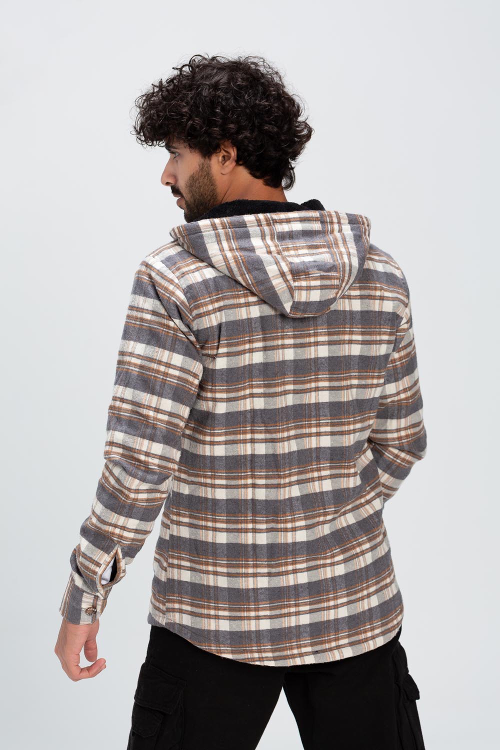 Men's Checked Regular Fit Zipper Padded Soft Wool Side Pockets Shirt