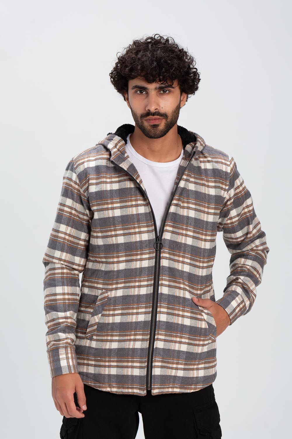 Men's Checked Regular Fit Zipper Padded Soft Wool Side Pockets Shirt