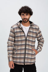 Men's Checked Regular Fit Zipper Padded Soft Wool Side Pockets Shirt