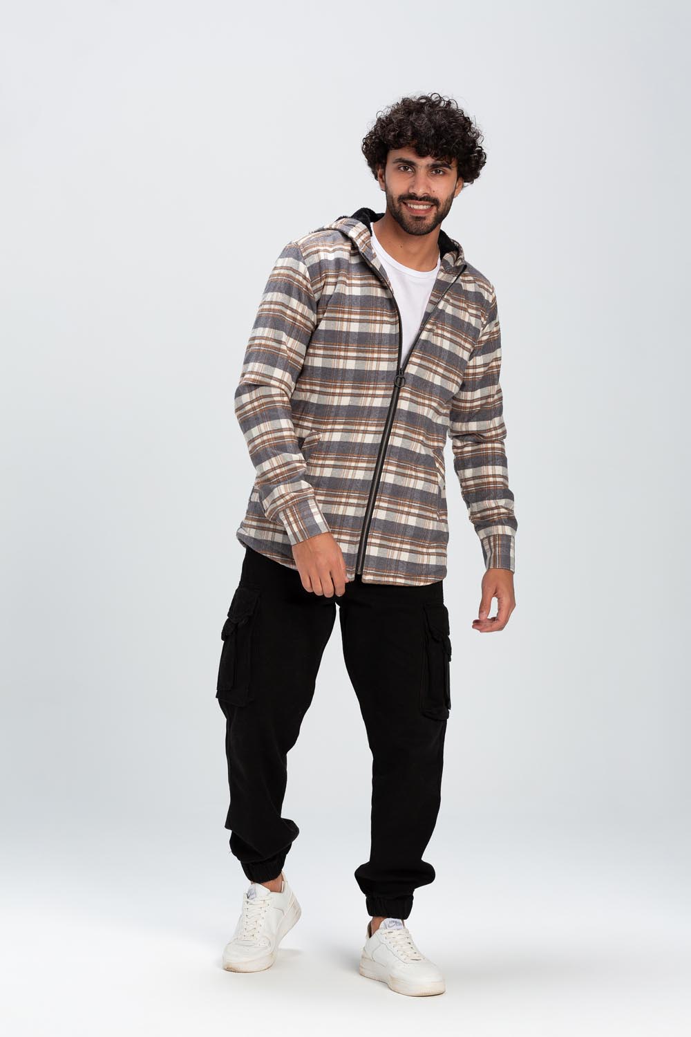 Men's Checked Regular Fit Zipper Padded Soft Wool Side Pockets Shirt