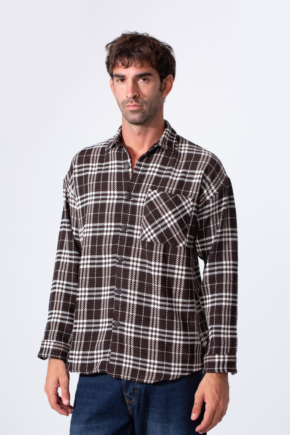 Men's Oversized Checked Shirt With Front Pocket And Long Sleeves