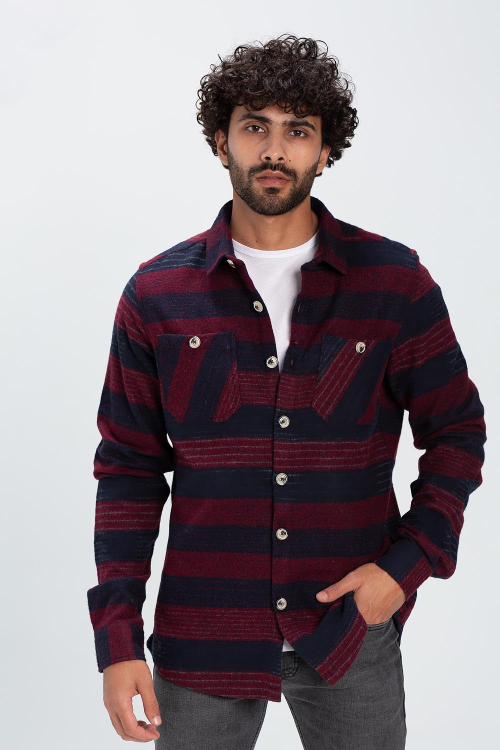 Men's Regular Fit With Front Pockets Striped Style Soft Wool Shirt