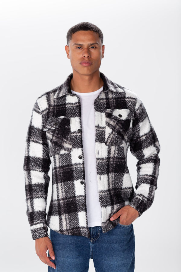 Men's Checked Wool Shirt With Collar And Long Sleeves