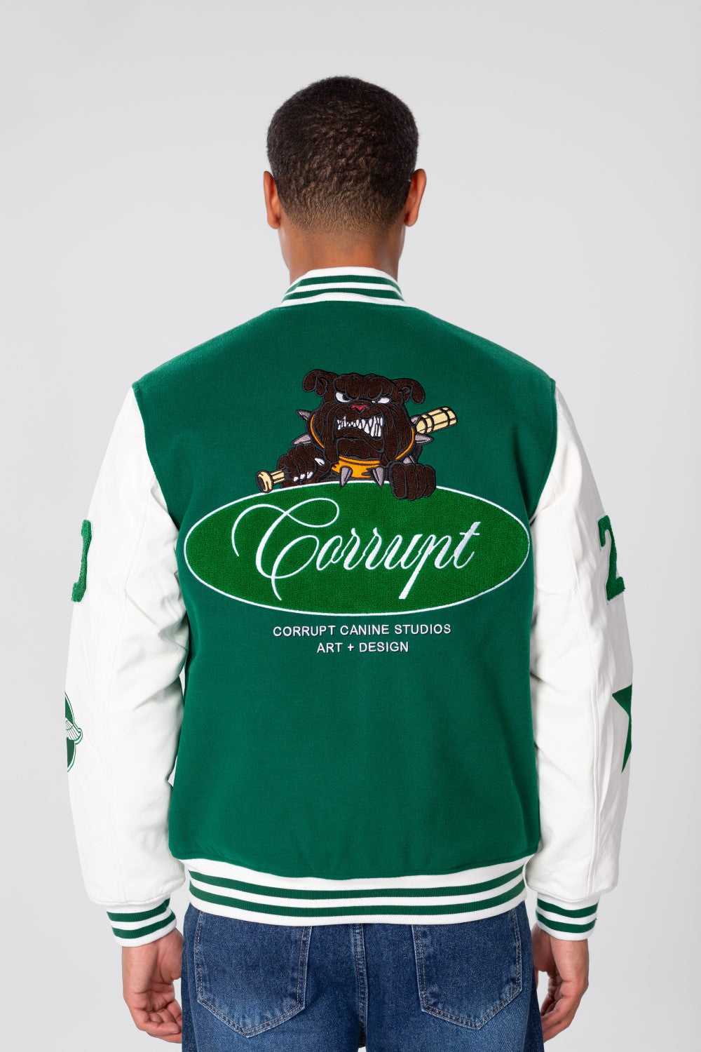 Men's Winter Varsity Baseball Jacket with White Stripes In Green