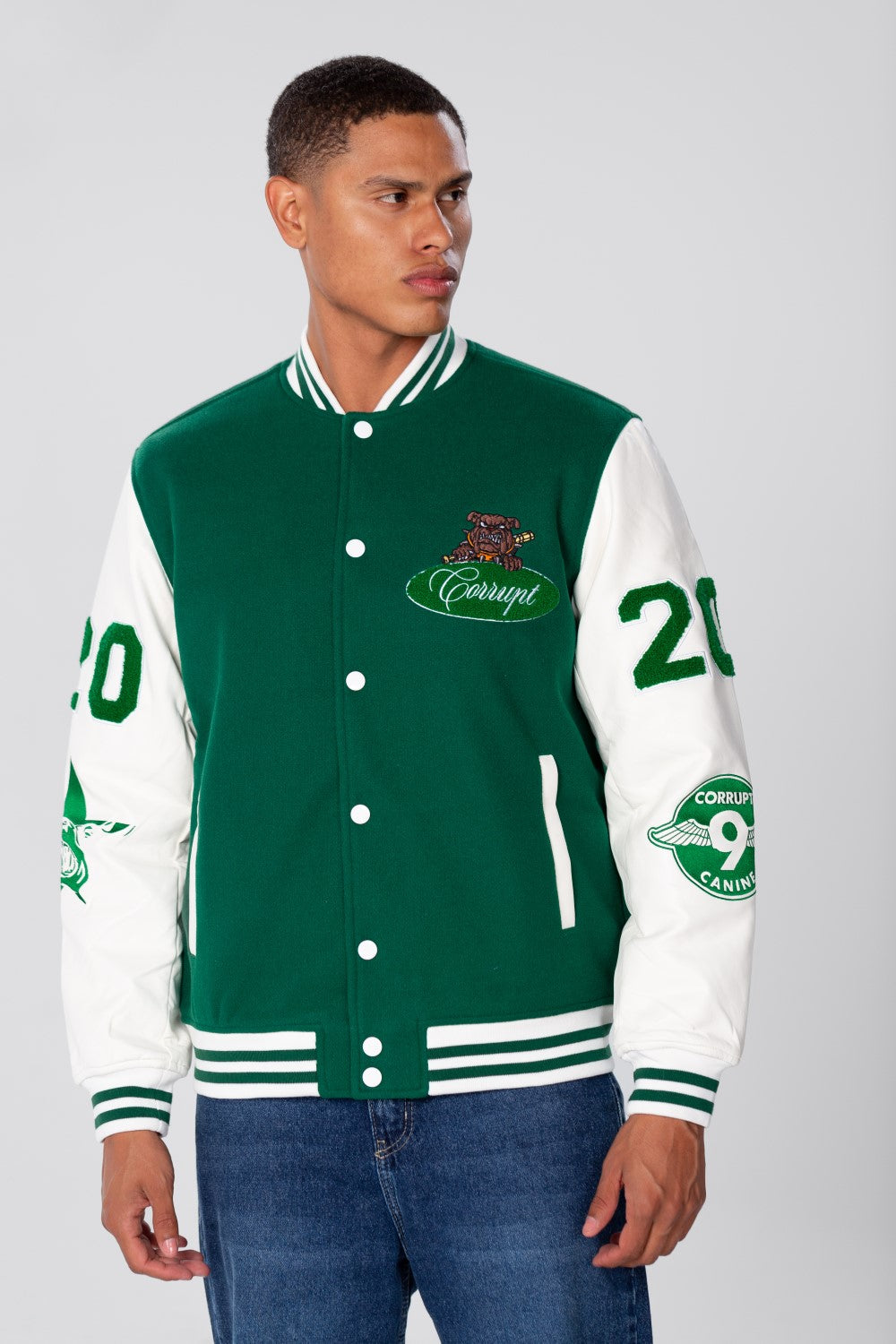 Men's Winter Varsity Baseball Jacket with White Stripes In Green