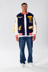 Men's Navy Varsity Baseball Jacket with Raised Print