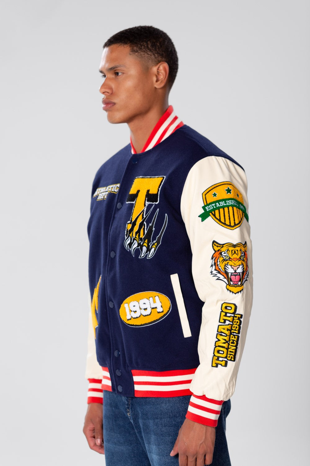 Men's Navy Varsity Baseball Jacket with Raised Print