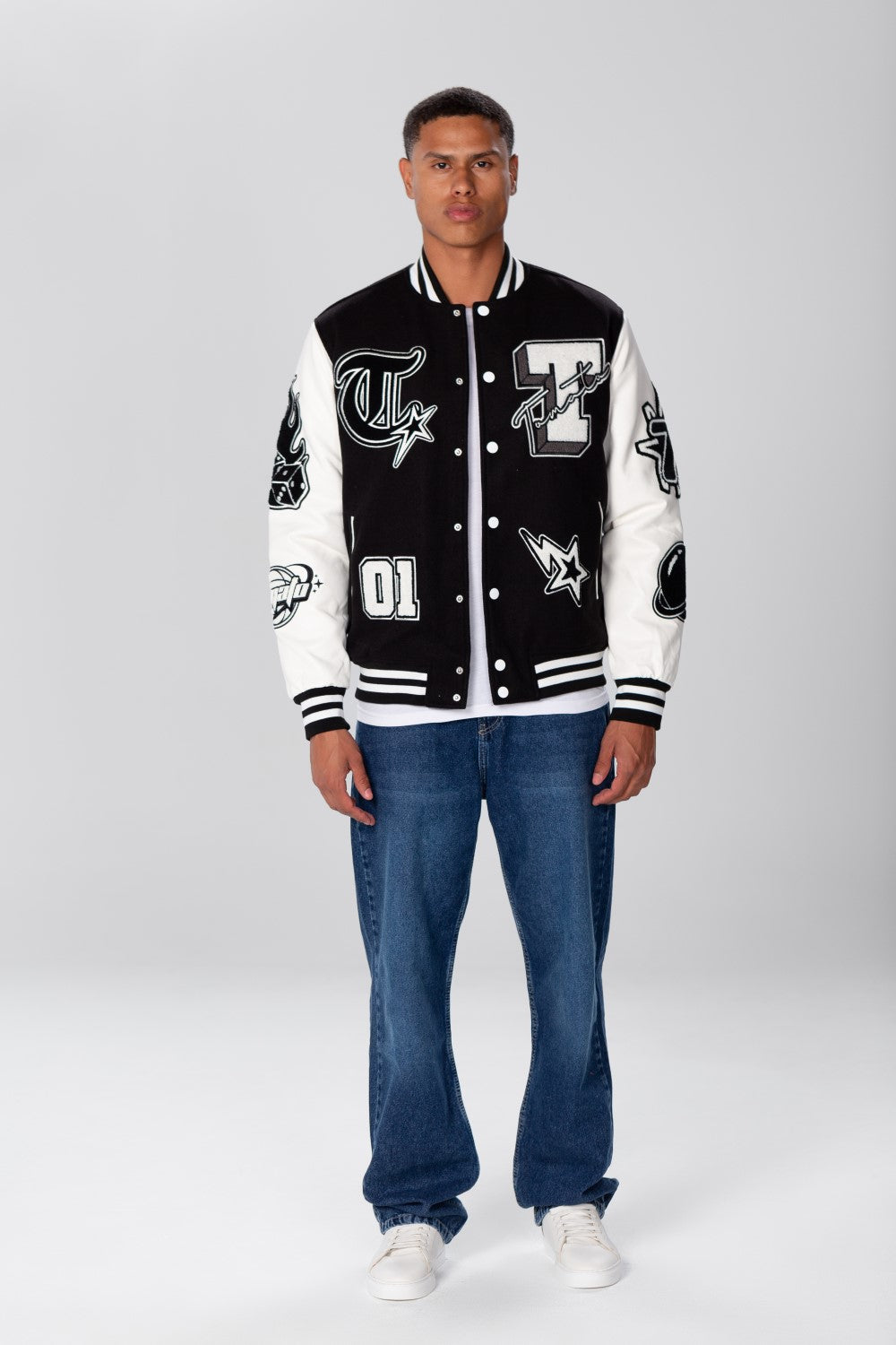 Men's Winter Varsity Printed Baseball Jacket With Stripes In White