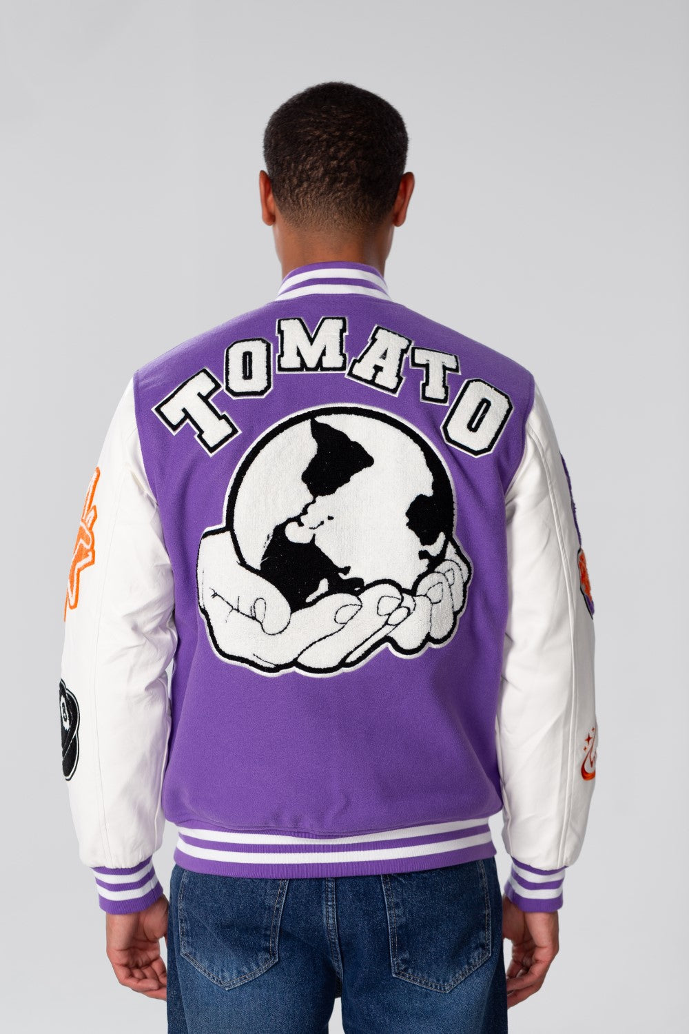 Men's Winter Varsity Printed Baseball Jacket With Stripes In White