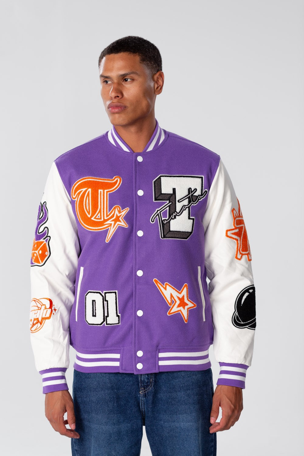 Men's Winter Varsity Printed Baseball Jacket With Stripes In White