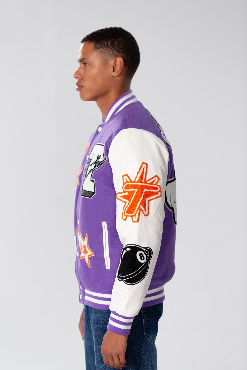 Men's Winter Varsity Printed Baseball Jacket With Stripes In White