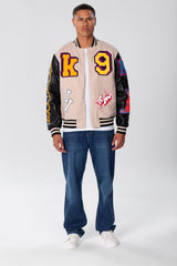 Men's Varsity Baseball Jacket In Leather and Melton Beige
