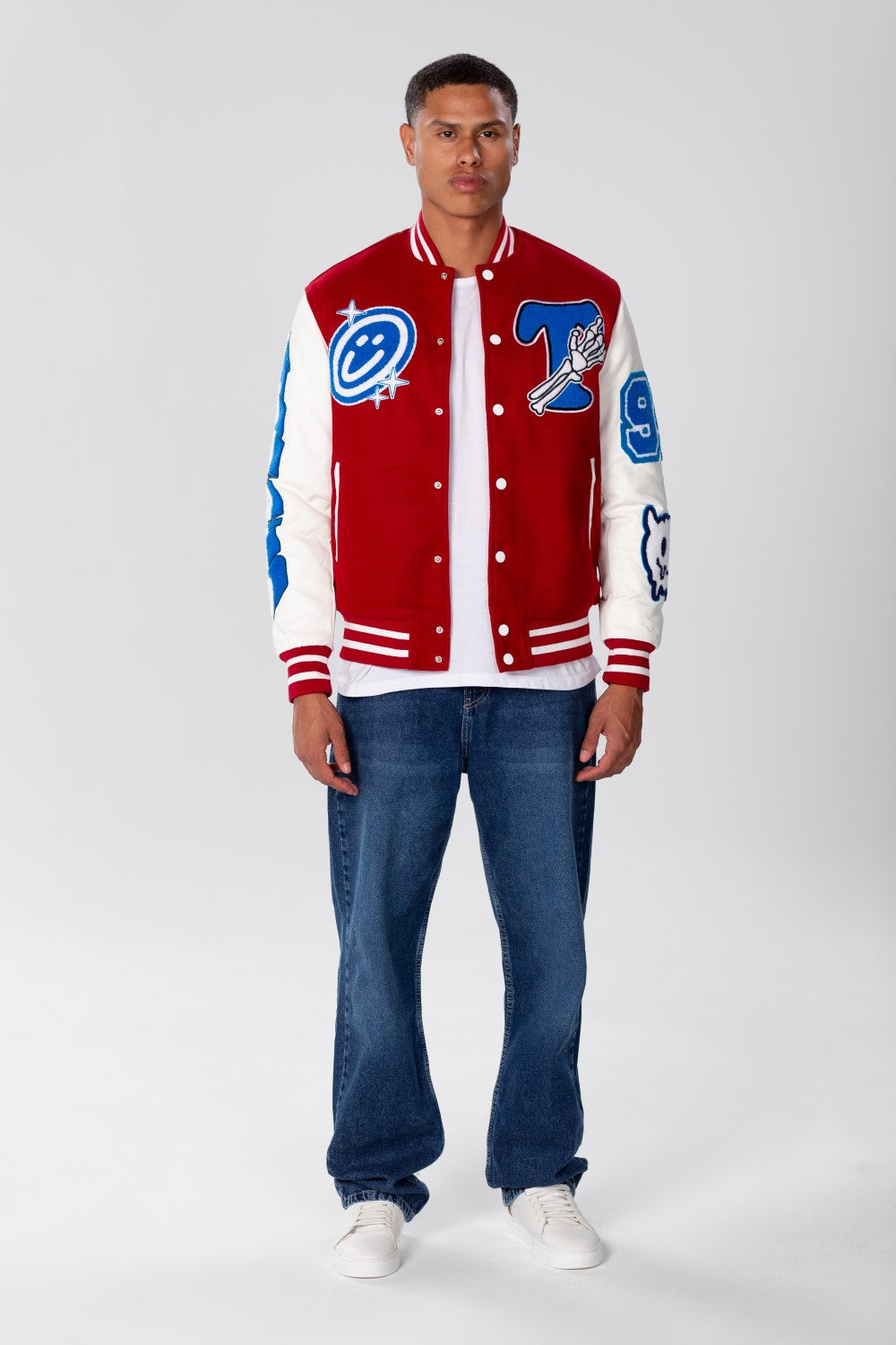 Men's Tomato Baseball Varsity Jacket With Stripes In White