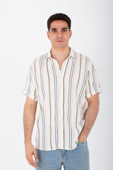 Mens Slim Fit Striped Shirt With Short Sleeves Linen Material