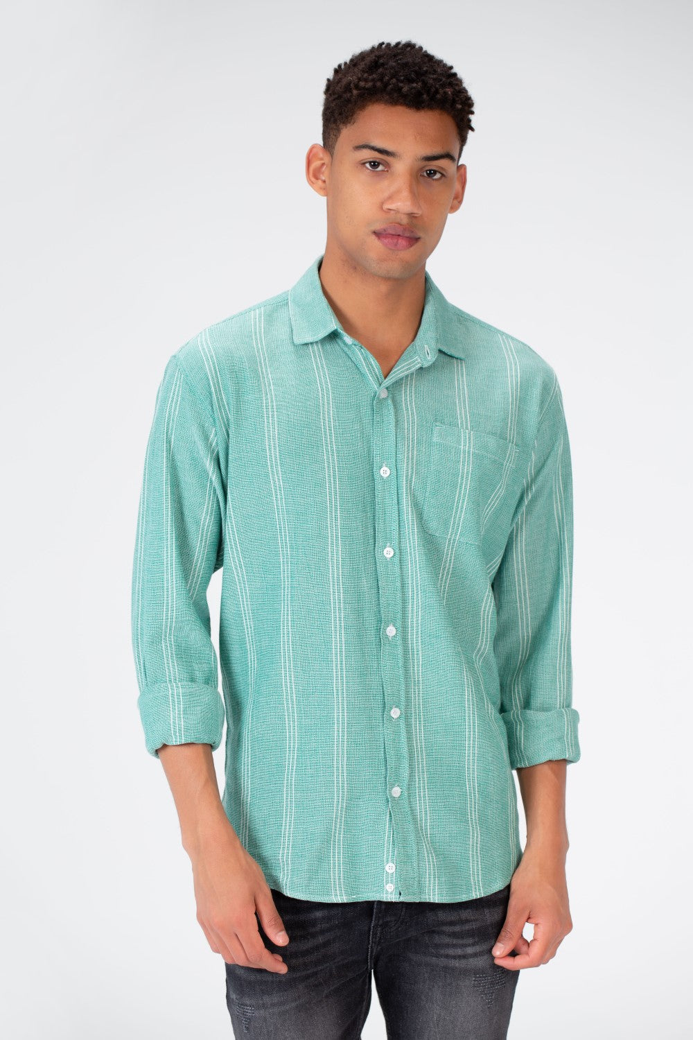 Men's Long Sleeve Slim Fit Striped Shirt With Front Pocket