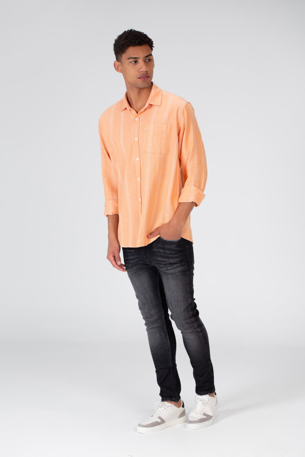 Men's Long Sleeve Slim Fit Striped Shirt With Front Pocket