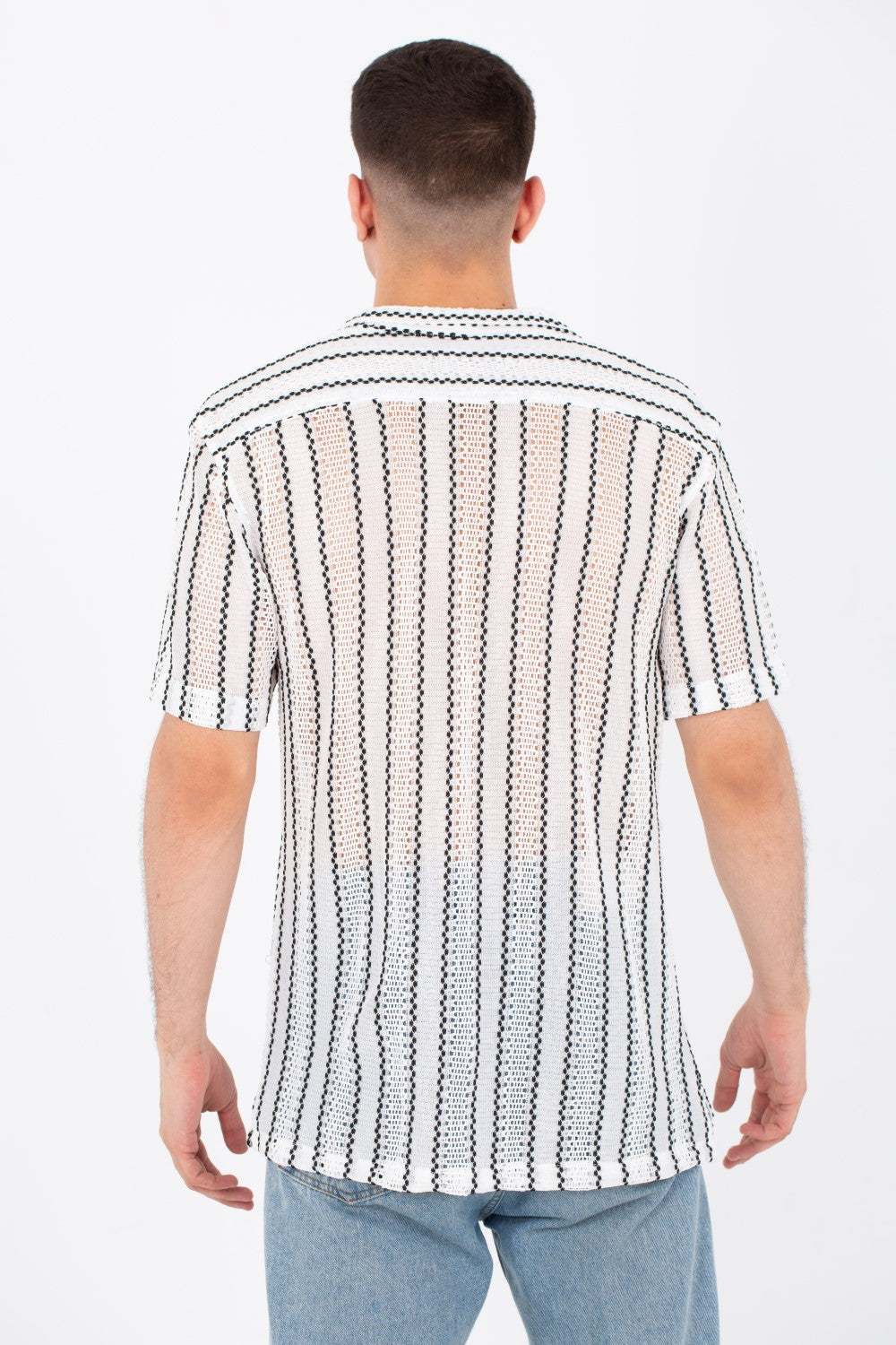 Mens Casual Striped Shirts Summer Short Sleeve Button Front In White