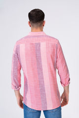 قميص رجالي مخطط بقصة عادية بأكمام طويلة وياقة مصنوع من الكتان
