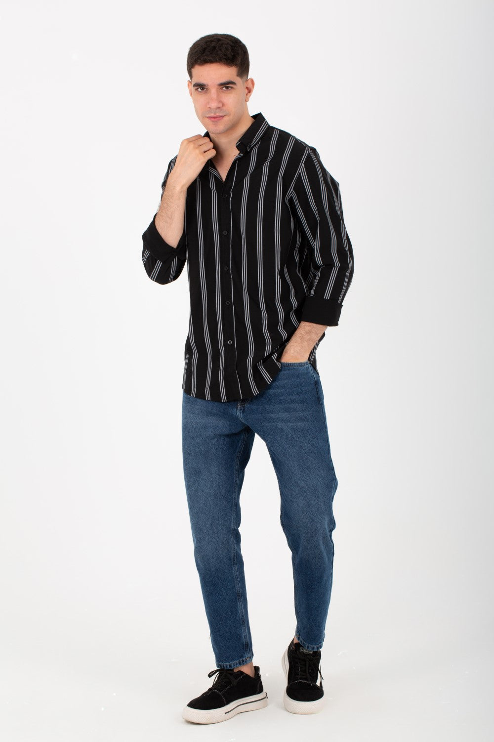 Mens Striped Slim Fit Poplin Shirt With Long Sleeves And Collar