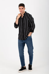 Mens Striped Slim Fit Poplin Shirt With Long Sleeves And Collar
